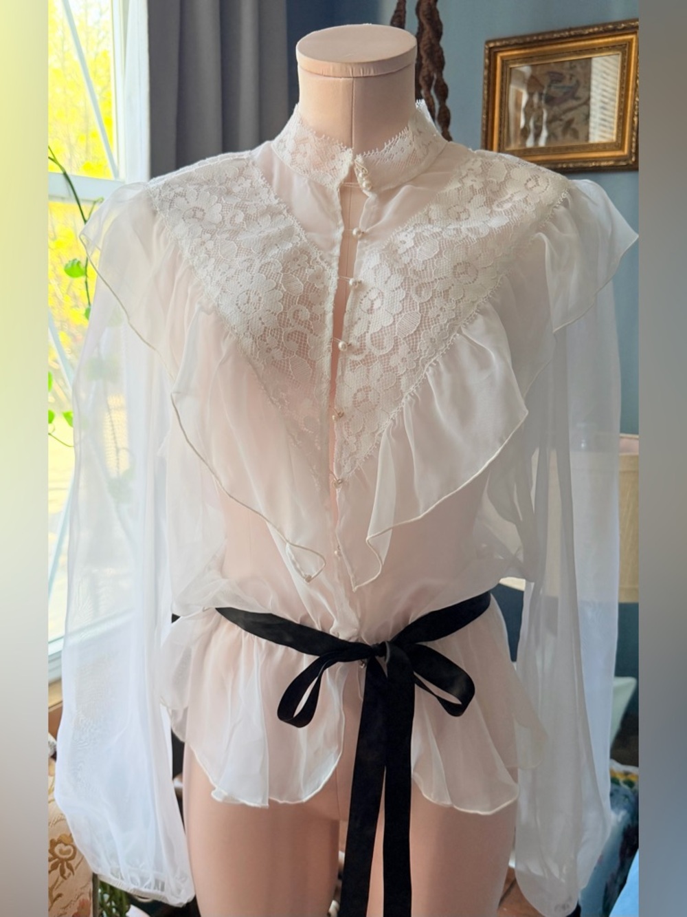 Sheer white Lace Ruffle sheer Blouse with Black Satin Tie